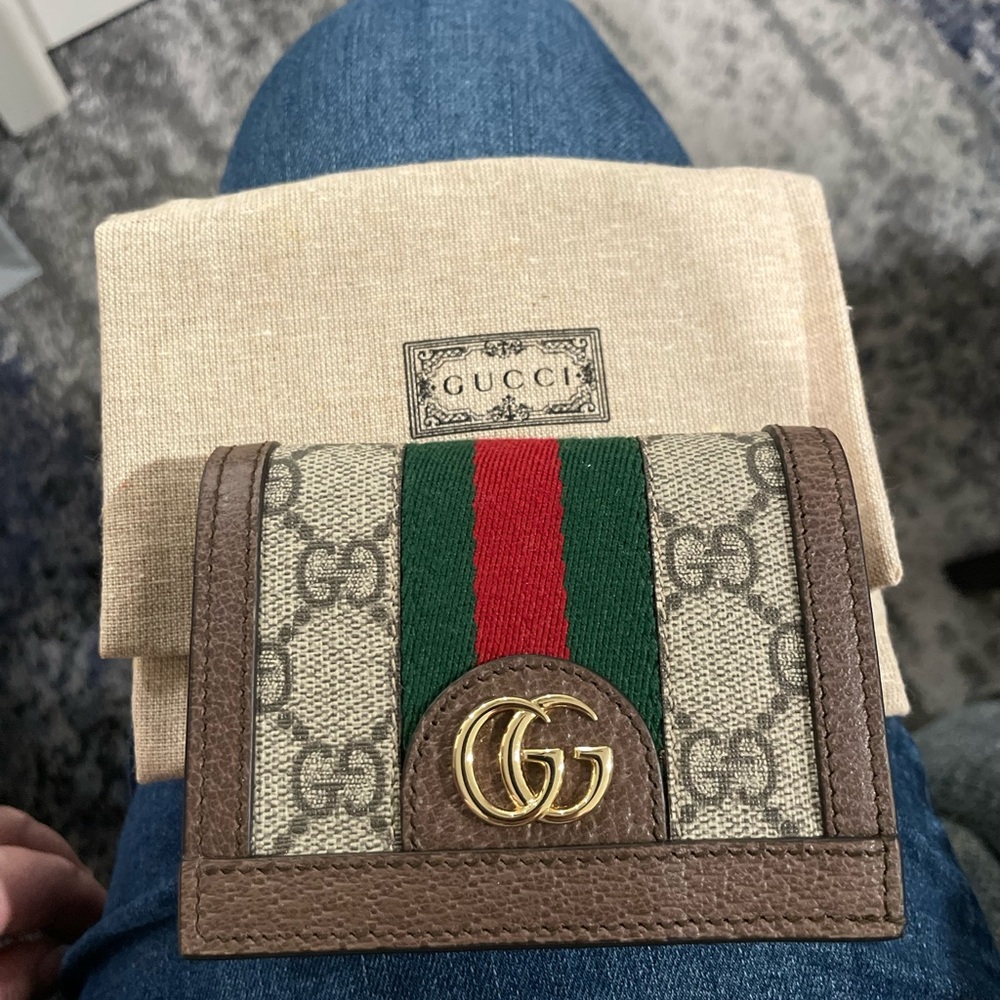 Gucci Beige GG Canvas Wallet with Red and Green Stripe